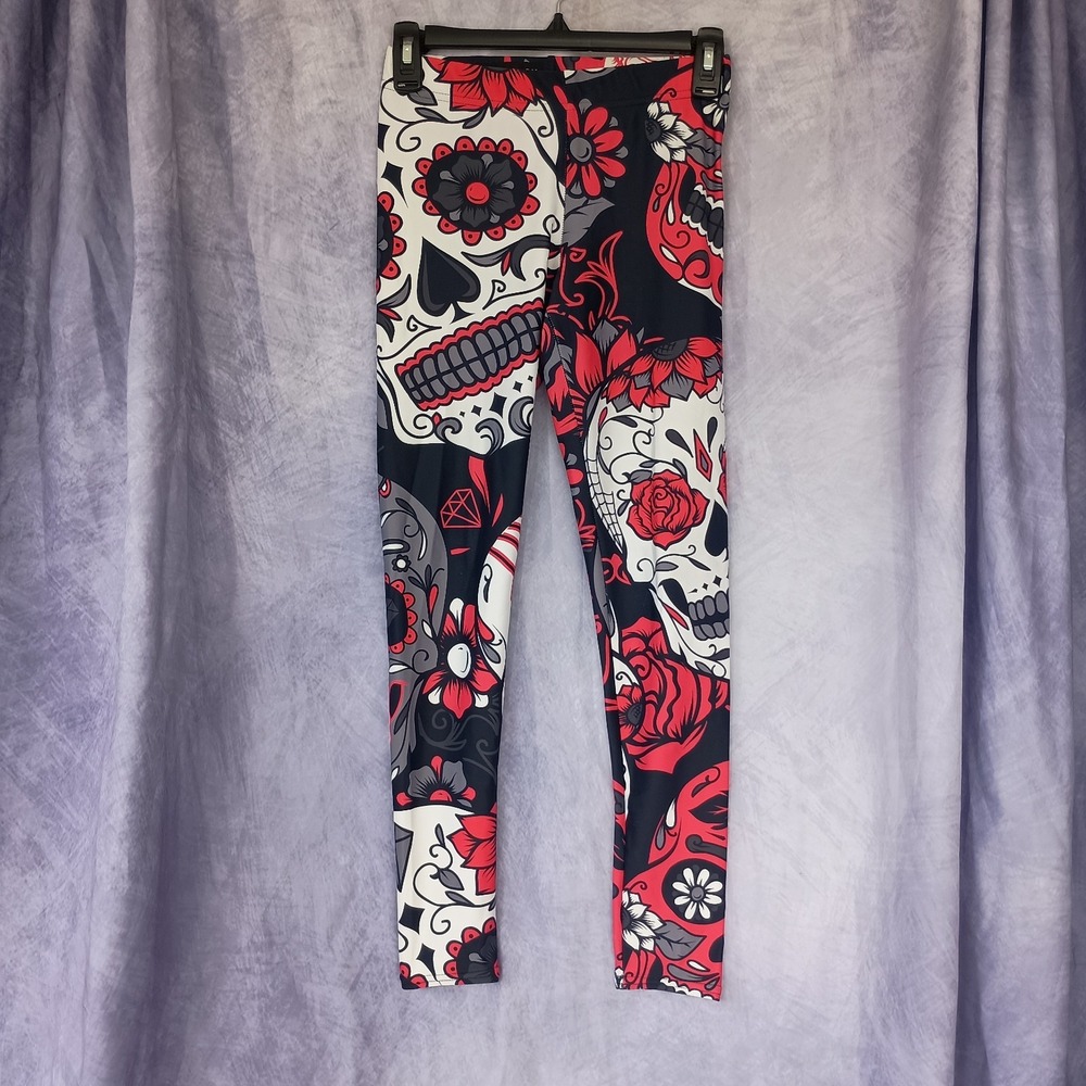 GearBunch Sugar Skull Floral Leggings Red Black White Goth Tattoo Yoga Pants